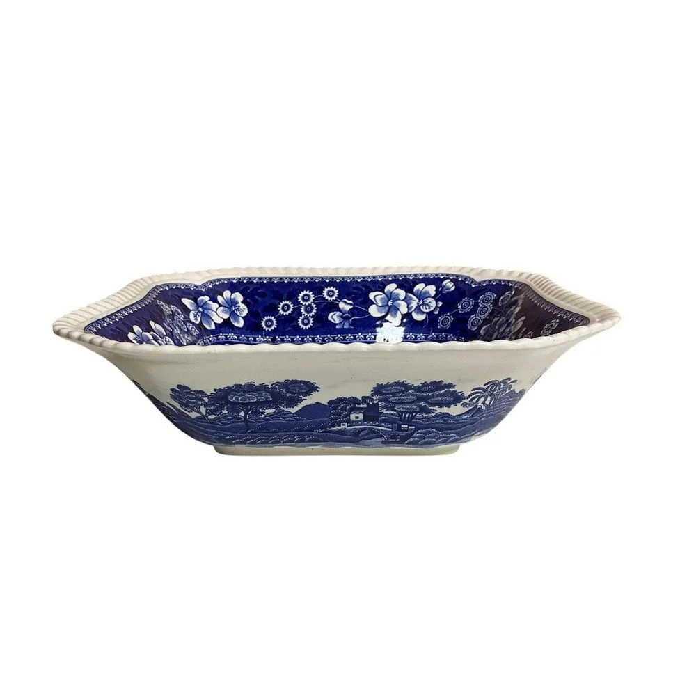 Vintage Spode‎ England Blue Tower Square Serving Bowl Cottagecore Luxury Classic